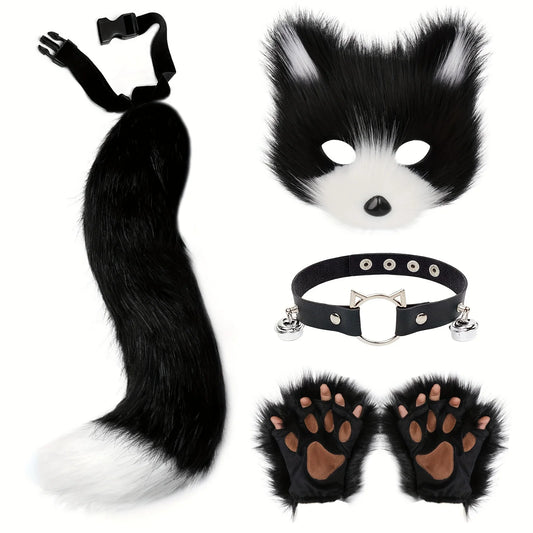 5pcs Fluffy Fur Fox Tail & Cat Paws Gloves Set — Wolf Mask Halloween Cosplay Costume Accessories for Theme Party Dress-Up