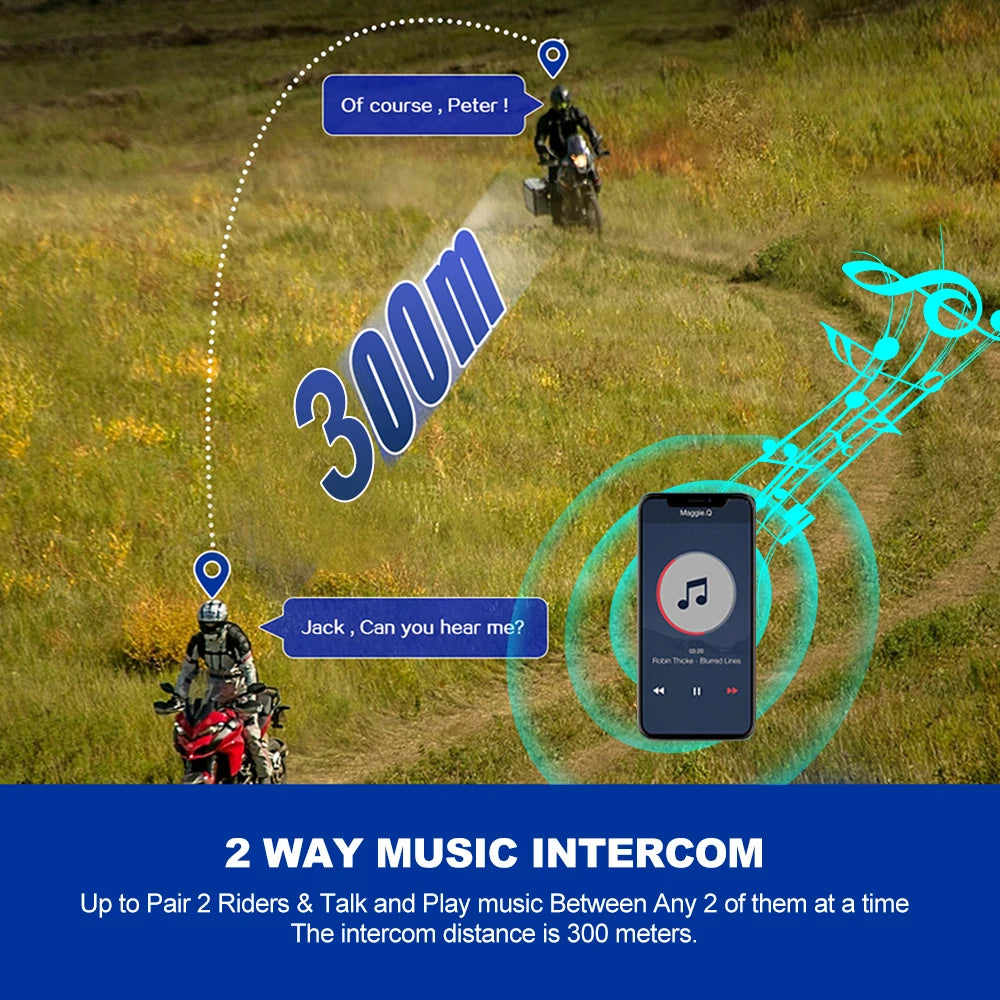 Kebidumei YP10 2X Wireless Bluetooth 5.3 Motorcycle Helmet Intercom – Waterproof Headset with 300m Range Speaker Earphones