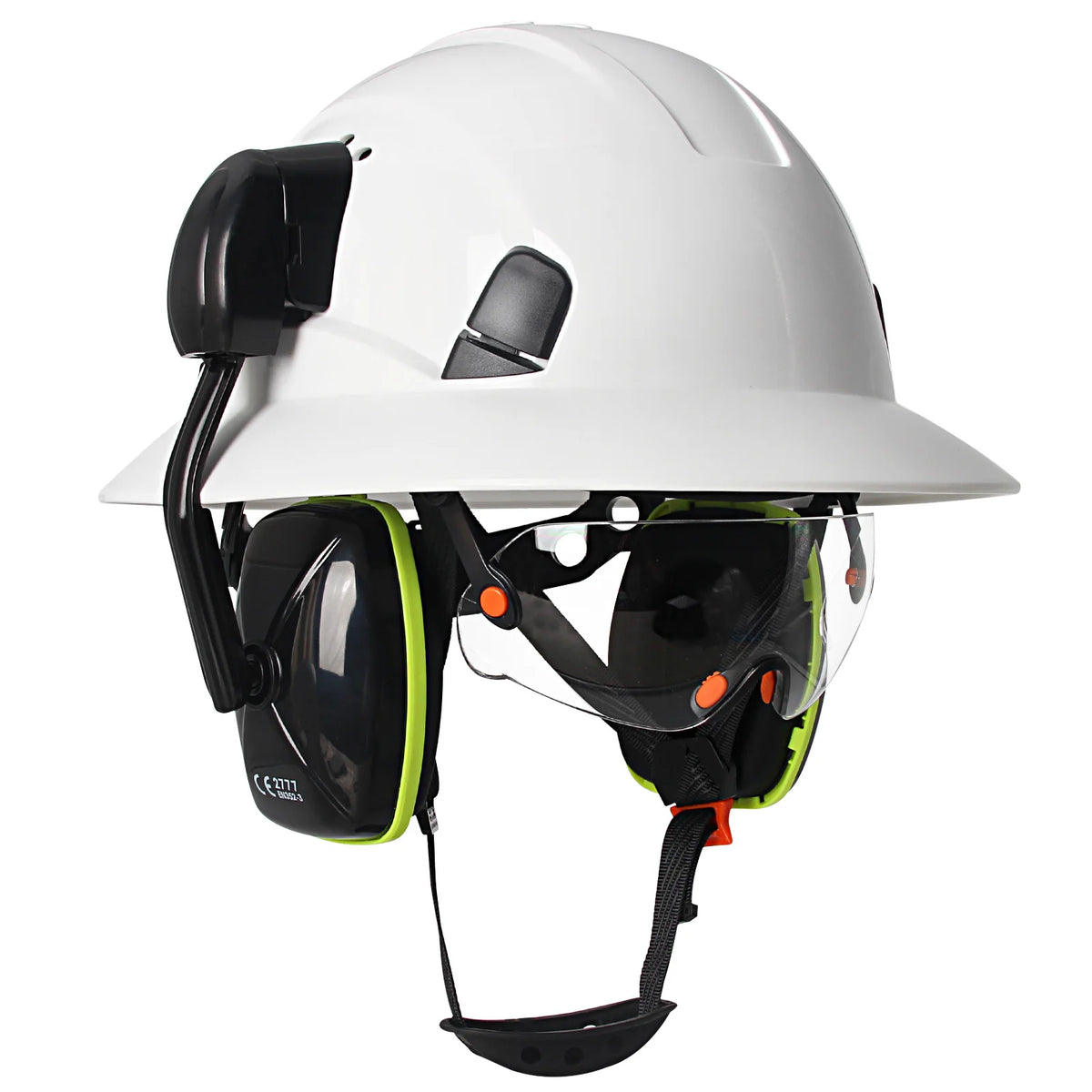 CE Full Brim Safety Helmet - HDPE Construction Hard Hat with Built-In Goggles & Earmuffs