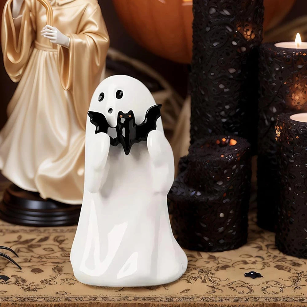 8.5cm White Cute Ghost Figurine — Halloween Desk & Shelf Decor with Black Bat, Kawaii Heart Ghost Mini Statue