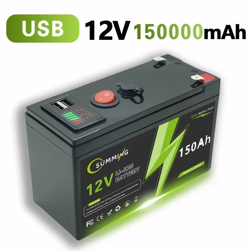 LiFePO4 12V 150Ah Rechargeable Lithium Battery – Built-in BMS, Ideal for Ride-On Toys, Solar Panels, Fish Finders & Power Wheels