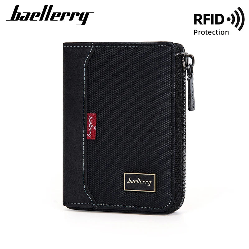 Baellerry RFID Short Men’s Wallet — Luxury Zipper Card Holder with Coin Pocket & Photo Slots