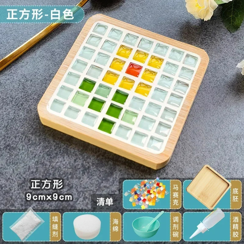 DIY Handmade Mosaic Coaster Set – Bamboo Heart & Square Cup Mats, Creative Parent-Child Educational Craft Toy Kit for Free Design Activities