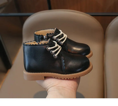 Girls’ Leather Ankle Boots 2024 — Spring & Autumn Lace-Up Side Zipper Rubber Boots, Sizes 21-30
