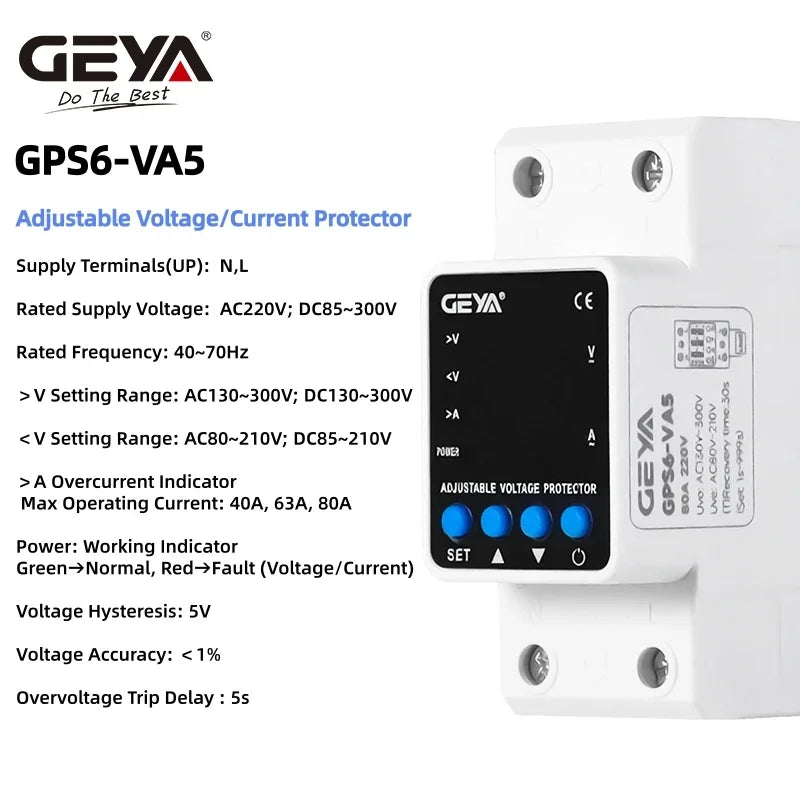 GEYA Adjustable Voltage Protector - 63A Over Under Voltage Protection Device with Digital Display for 220V/110V Power Safety