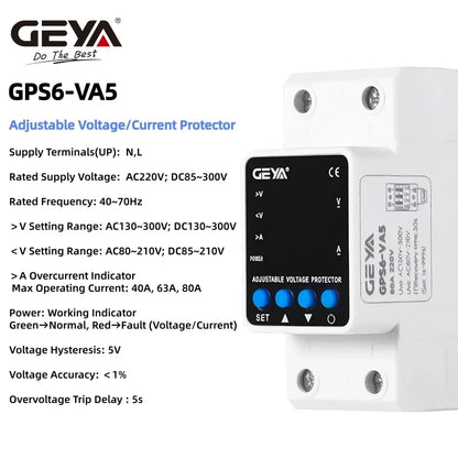 GEYA Adjustable Voltage Protector - 63A Over Under Voltage Protection Device with Digital Display for 220V/110V Power Safety