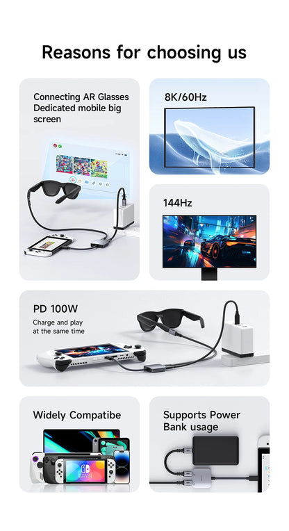 Hagibis AR Glasses Adapter USB-C Hub — Charging & Play Converter for Switch, Rokid, Xreal, RayNeo Air