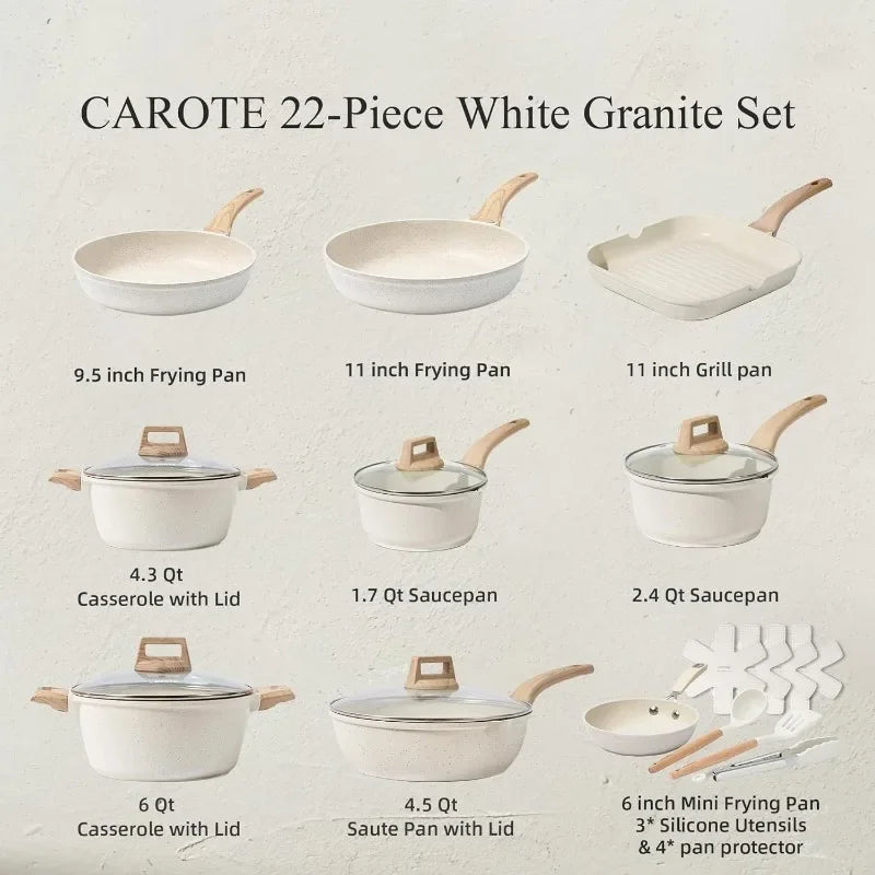 CAROTE 21 Piece White Granite Nonstick Cookware Set - Induction-Ready Pots, Pans, and Frying Pans