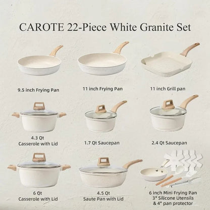 CAROTE 21 Piece White Granite Nonstick Cookware Set - Induction-Ready Pots, Pans, and Frying Pans
