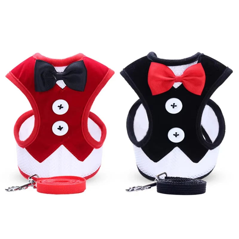 Elegant Bowtie Pet Harness Vest - Adjustable Cat Dog Leash Set Cute Tuxedo Bowknot Suit for Puppy Kitten