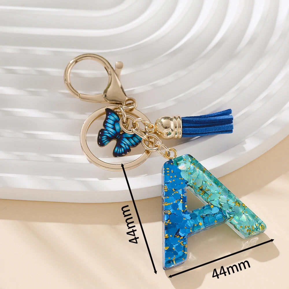 Royal Blue Butterfly Initial Keychain - Alloy Alphabet Letter & Tassel Backpack Charm