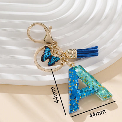 Royal Blue Butterfly Initial Keychain - Alloy Alphabet Letter & Tassel Backpack Charm