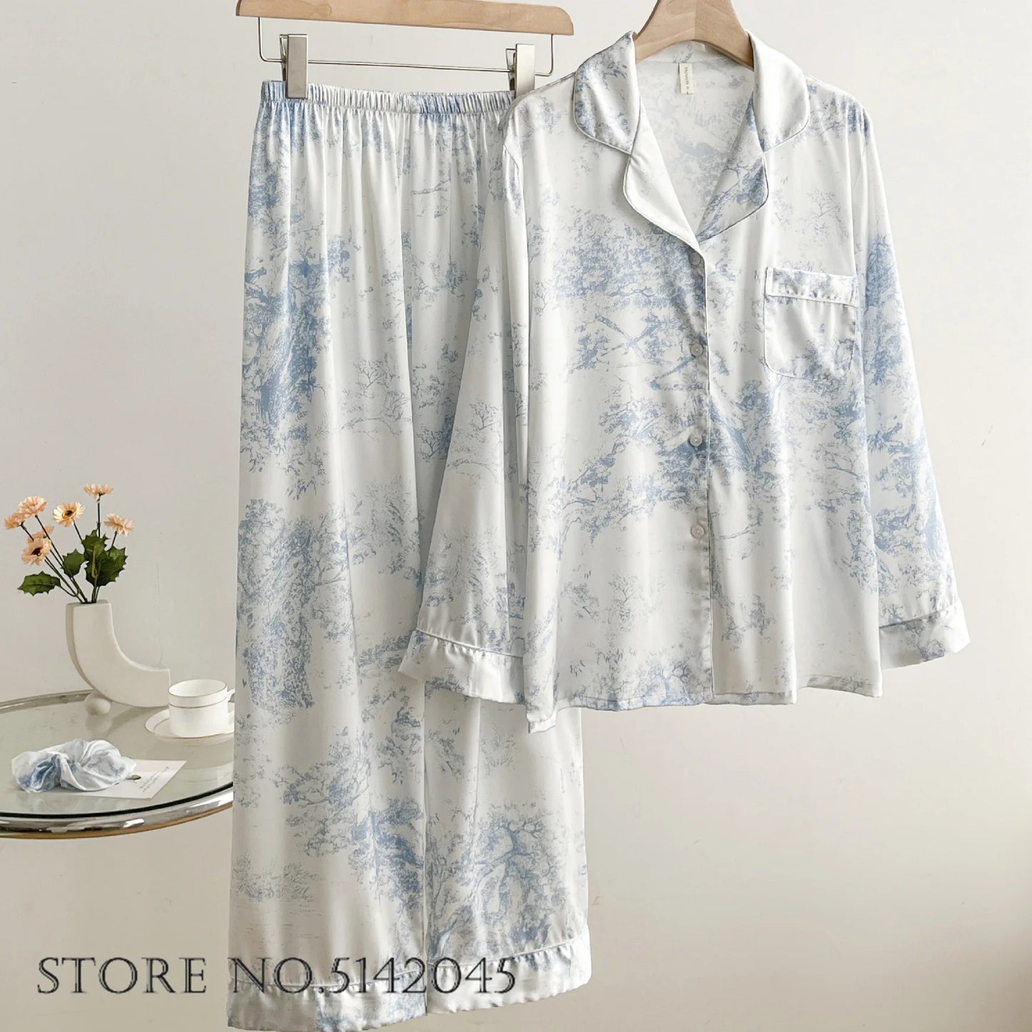 Fashion Floral Print Satin Pajamas Set for Women – Spring Summer Loose Sleepwear Loungewear Homewear Suit