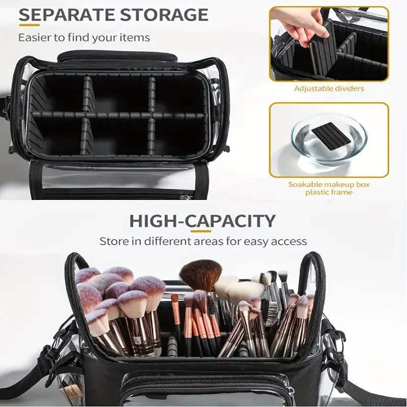 Makeup Brush Holder Backpack – Clear Waterproof Cosmetic Organizer Travel Case with Adjustable Strap & Divider