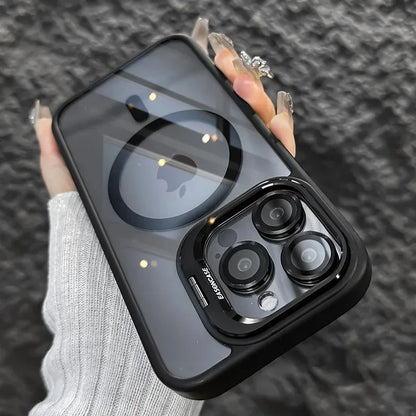 Luxury Magnetic Shockproof Phone Case - MagSafe Compatible iPhone Cover with Stand & Glass Lens Protection for iPhone 17 16 15 14 13 12 11 Pro Max