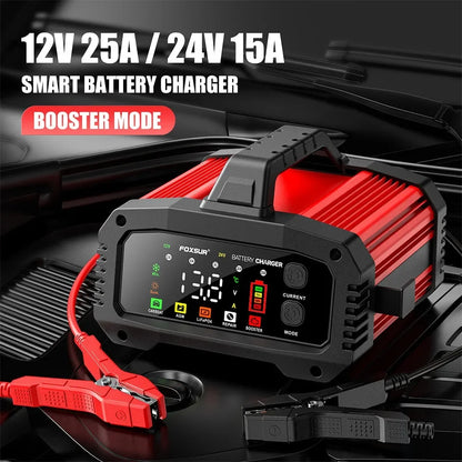 Portable 25A/15A Smart Car Battery Charger — 12V/24V AGM, GEL, LiFePO4 Motorcycle & Car Booster with Pulse Repair
