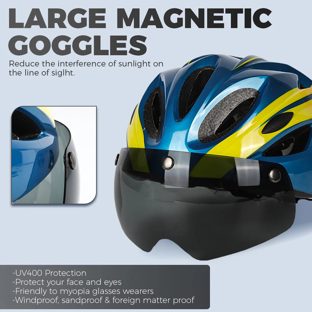 VICTGOAL Bicycle Helmet for Men - With Taillight, Magnetic Goggles, UV400 Lens & Sun Visor, MTB & Electric Scooter Bike Safety Helmet