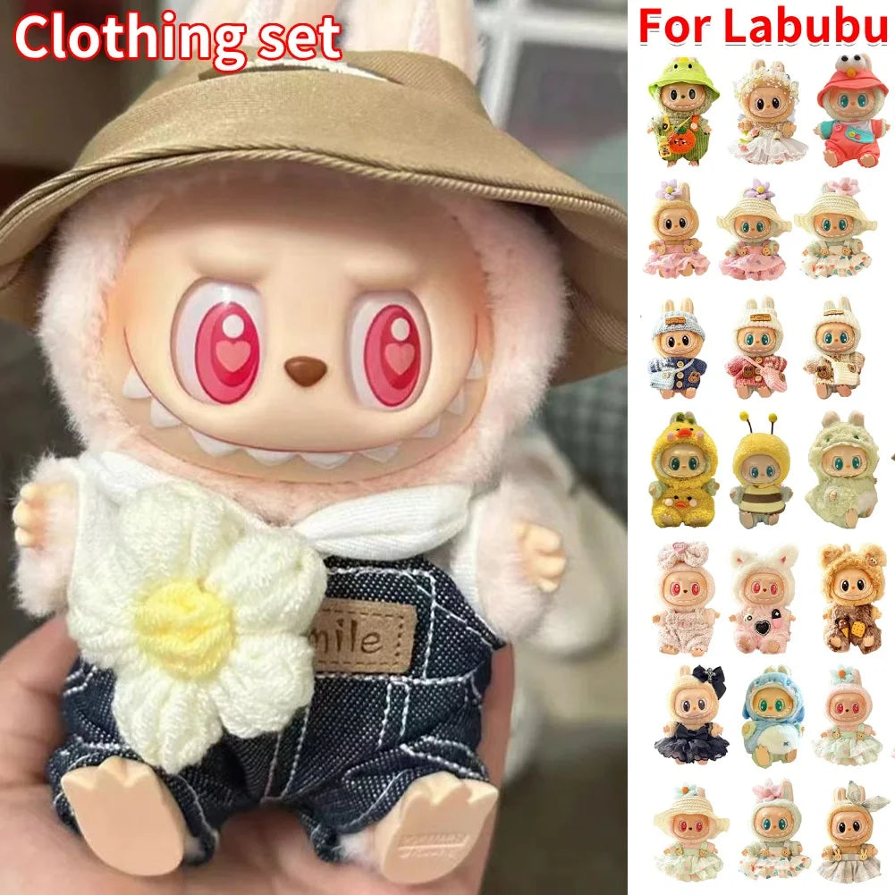 Labubu v1v2 Doll Clothes Outfit (15-17cm) – Sitting Party Bear Accessories with Scarf, Hat & Bag