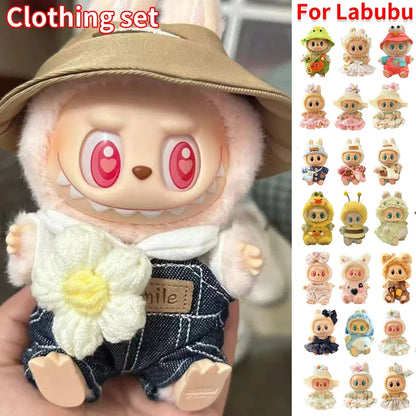 Labubu v1v2 Doll Clothes Outfit (15-17cm) – Sitting Party Bear Accessories with Scarf, Hat & Bag