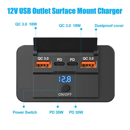 Car Charger Socket Adapter with Switch | 4-Port Charging Splitter for Bus, RV, ATV, Truck, Boat | 12V/24V PD, QC3.0