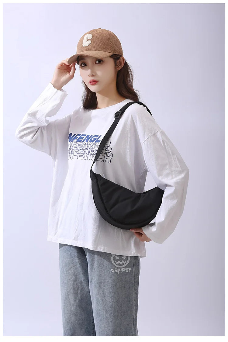 Solid Color Women's Portable Shoulder Bag – Simple Nylon Cloth Padded Crossbody Travel Purse & Messenger Bag