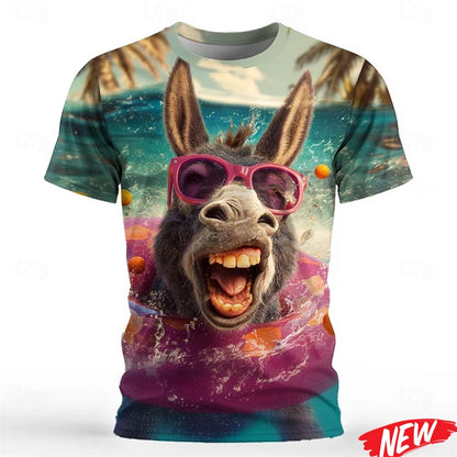 Funny Cow & Donkey 3D Print T-Shirt - Men's Casual Crew Neck Streetwear Tee