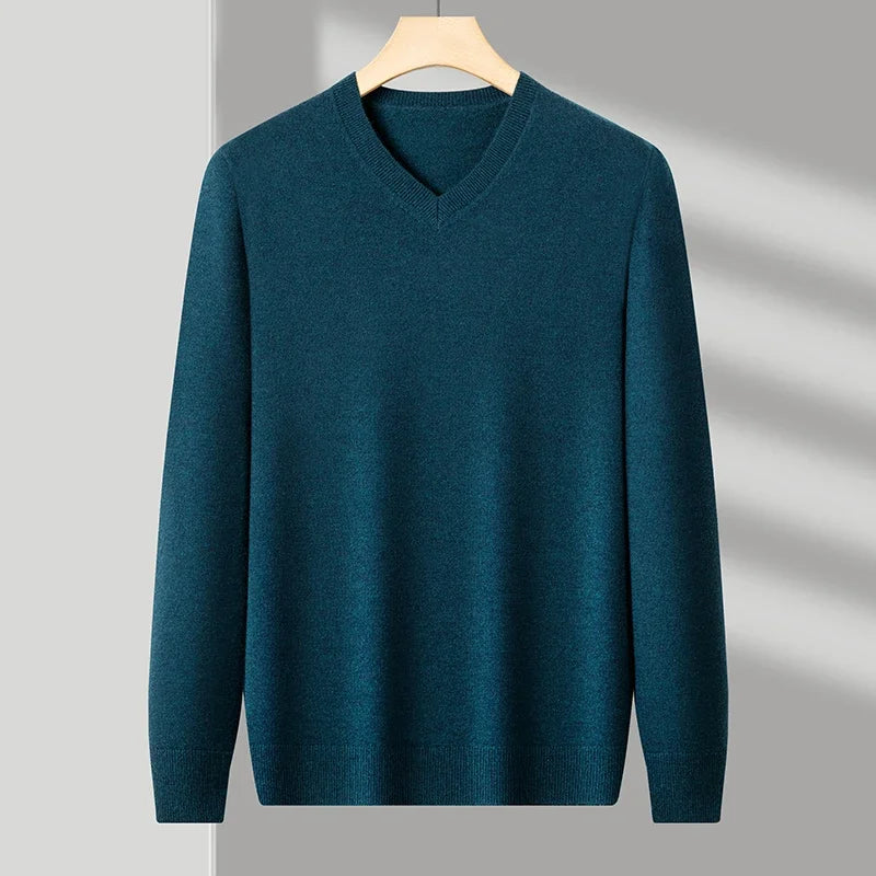 Men's V-Neck Knit Sweater - Solid Color Warm Elastic Oversized Autumn Pullover Casual Top