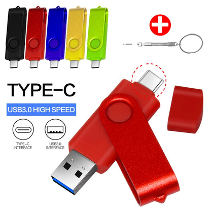 360° Rotating Type-C USB 3.0 Flash Drive – 2-in-1 High-Speed Pen Drive 16GB to 128GB, Multi-Format Compatible