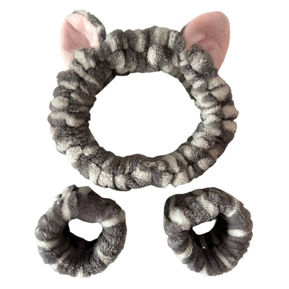 3PCS Cat Ear Plush Headband Set - Soft Face Washing Headband with Wrist Straps for Girls