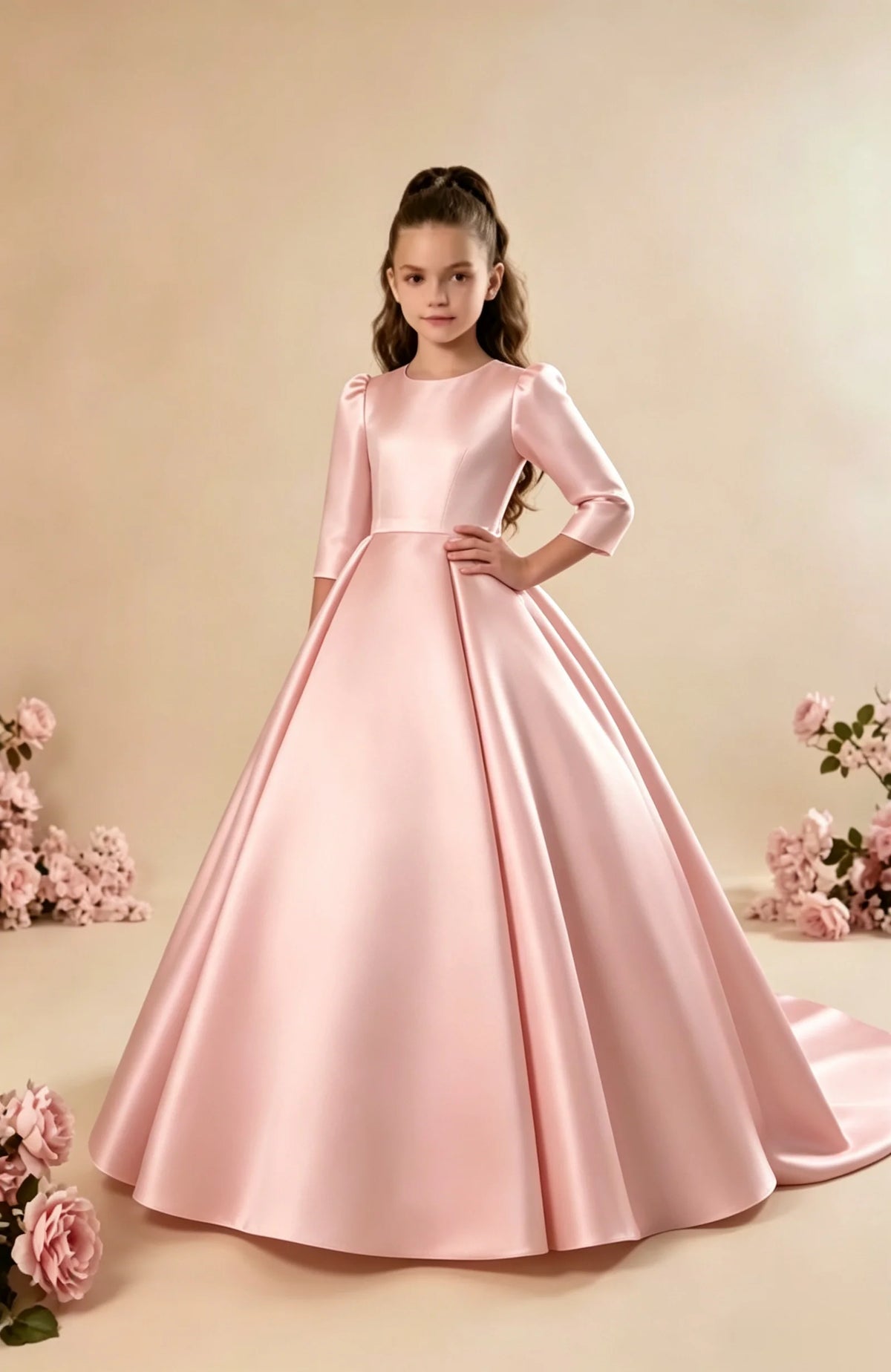 Girls First Communion Satin Dress - Long Sleeve A-Line Princess Gown for Weddings & Parties
