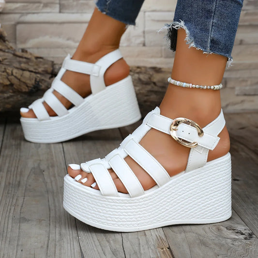 Women’s Summer Ankle Buckle Wedge Sandals – Patchwork Platform Breathable Non-Slip Soft Sole Gladiator Shoes