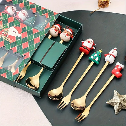 2/4/6 Pcs Christmas Fork and Spoon Set – Stainless Steel Creative Tableware | Coffee, Tea, and Dessert Forks and Spoons Gift Set