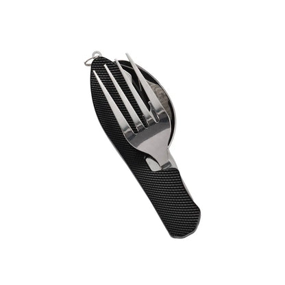 Portable Stainless Steel Camping Cutlery Set – Foldable Spoon, Fork, Knife & Bottle Opener Multitool