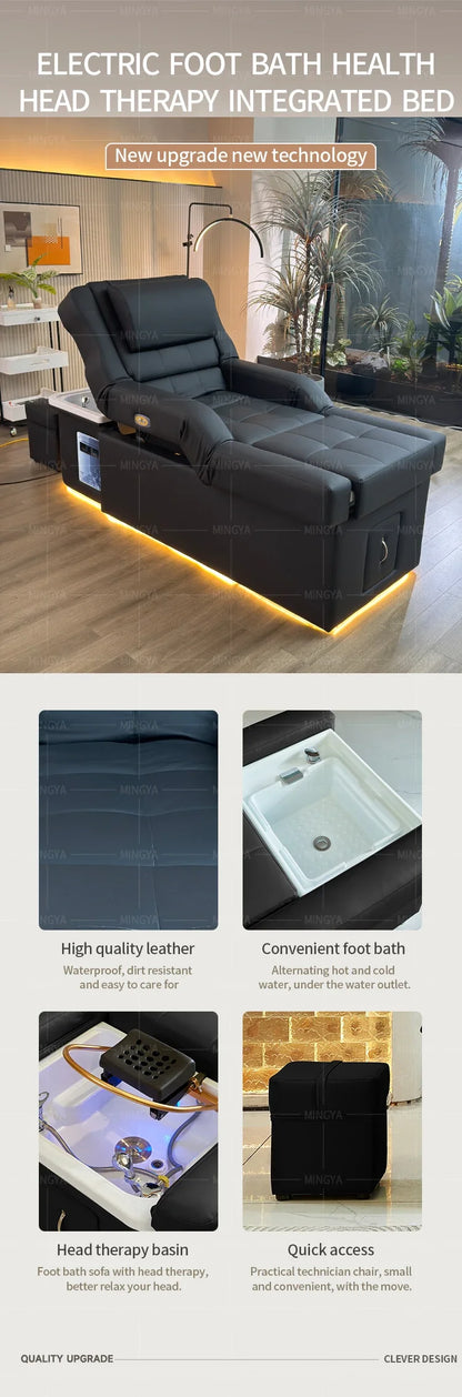 Modern Beauty Salon Shampoo Bed with Back Lift, Massage Headrest & Foot Spa Pedicure Station