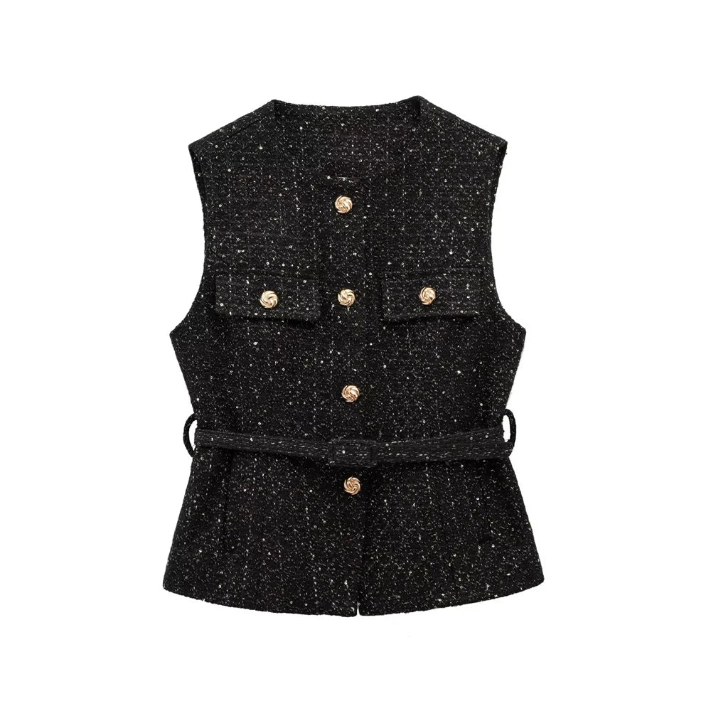 TRZA Women’s Tweed Waistcoat — Sleeveless O-Neck Top with Belt & Front Buttons, Chic Fashion Outerwear