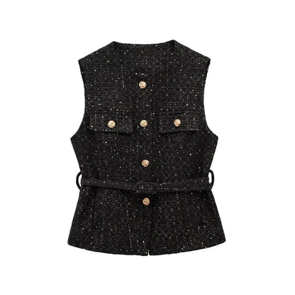 TRZA Women’s Tweed Waistcoat — Sleeveless O-Neck Top with Belt & Front Buttons, Chic Fashion Outerwear