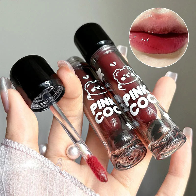 PINKCOCO Bear Doodle Mirror Lip Glaze – Long-Lasting Shiny Nude Lip Gloss, Skin-Brightening Student-Friendly Lipstick