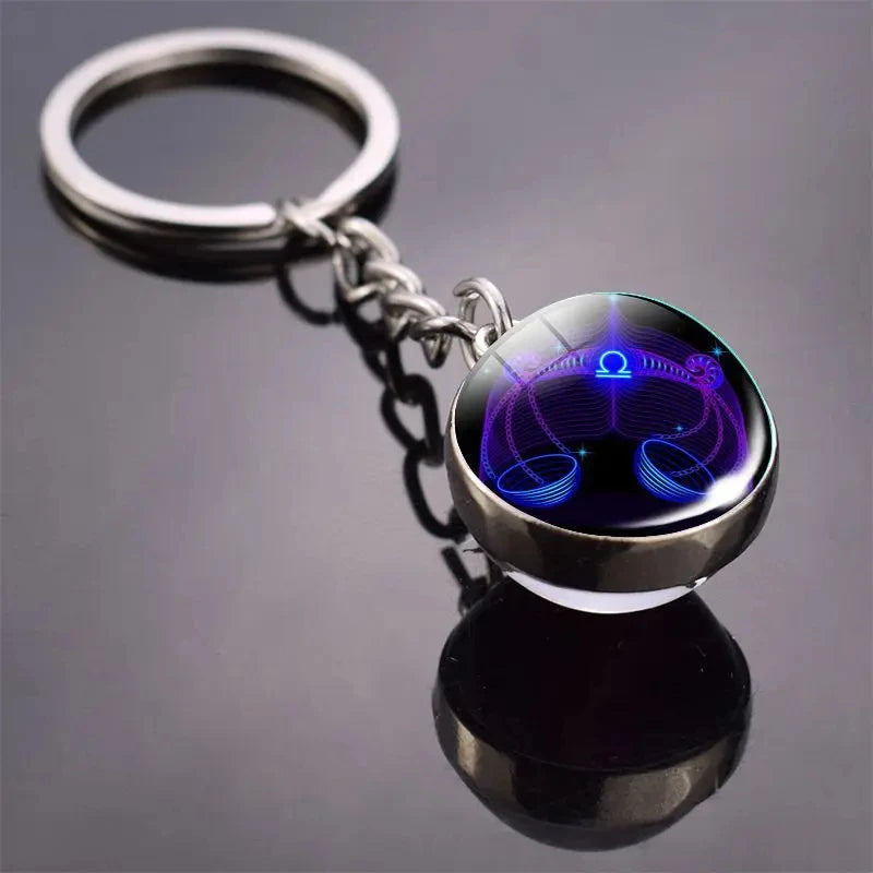 S12 Constellation Keychain – Luminous Double-Sided Zodiac Glass Ball Pendant for Men & Women
