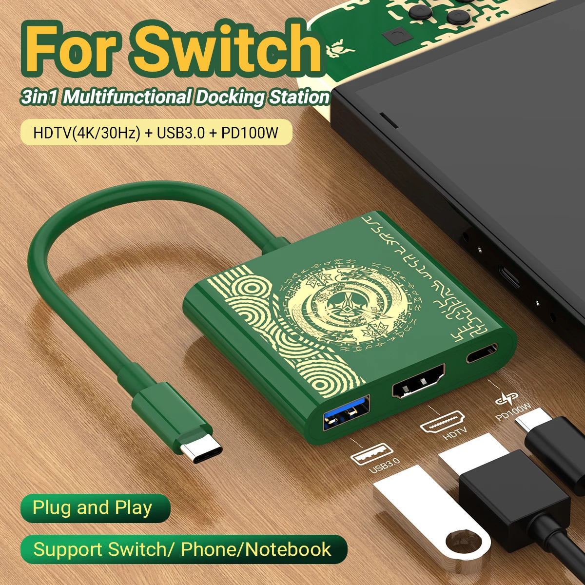 4K Switch TV Docking Station — 3-in-1 USB-C Game Hub with USB 3.0, HDMI & 100W PD for Laptop, Nintendo Switch/Switch OLED, Mobile Phone