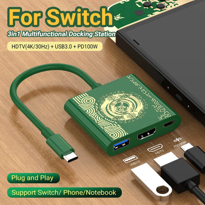 4K Switch TV Docking Station — 3-in-1 USB-C Game Hub with USB 3.0, HDMI & 100W PD for Laptop, Nintendo Switch/Switch OLED, Mobile Phone