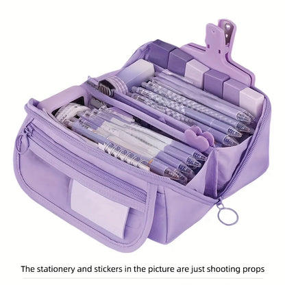 Large Capacity Pencil Case Organizer - Multi Compartment School & Office Supply Storage Bag in Pink Purple Black