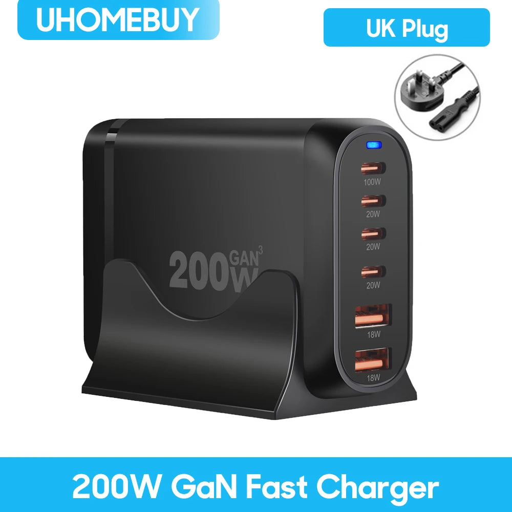 UHOMEBUY 200W GaN Desktop Charger - 6-Port USB Type C with 100W PD & Quick Charge 3.0 Fast Mobile Charger