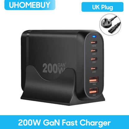 UHOMEBUY 200W GaN Desktop Charger - 6-Port USB Type C with 100W PD & Quick Charge 3.0 Fast Mobile Charger