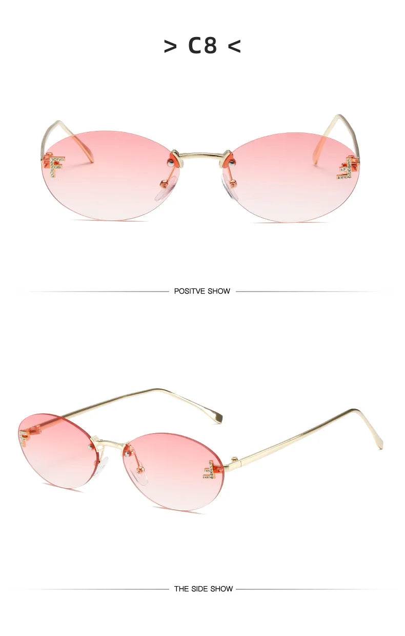 Diamond Letter "F" Rimless Sunglasses | Women’s Luxury Metal Frame Black Oval UV400 Shades
