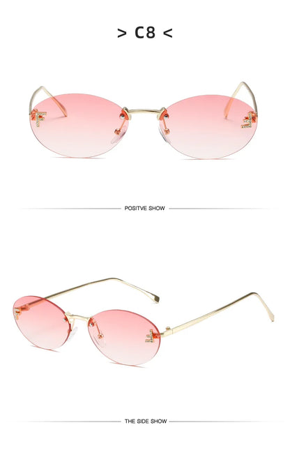 Diamond Letter "F" Rimless Sunglasses | Women’s Luxury Metal Frame Black Oval UV400 Shades
