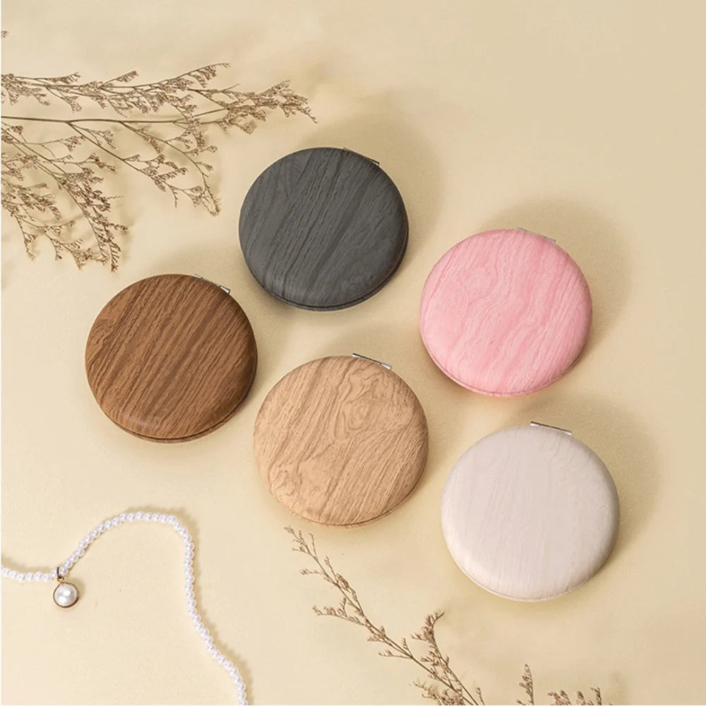 Faux Wood Round Folding Makeup Mirror - Lightweight Compact Vanity & Travel Cosmetic Mirror