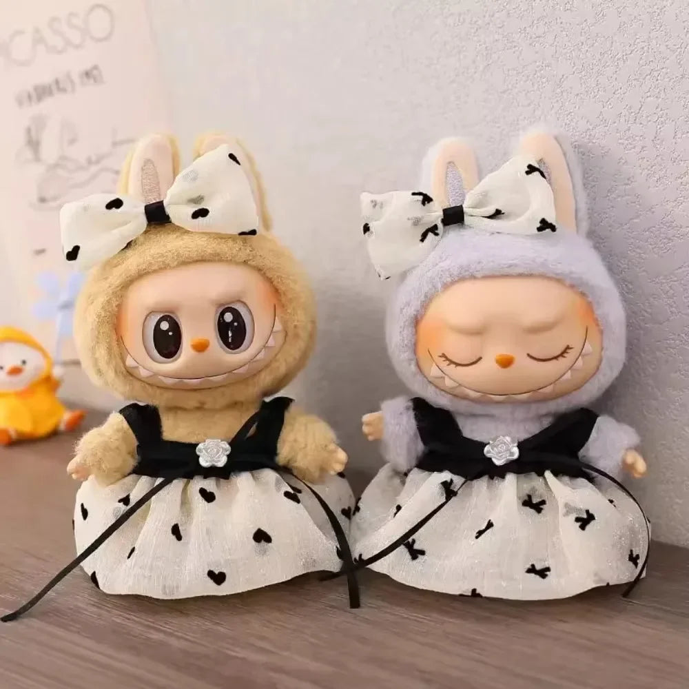 17cm Mini Plush Doll Clothes — Kpop Labubu Idol Outfit with Pink Silk Bow & Princess Gauze Skirt Accessories