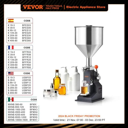 VEVOR A03 Manual Liquid Filling Machine — Adjustable 5-50ml/5-100ml Paste & Bottle Filler with Hopper for Water, Juice, Shampoo & Honey