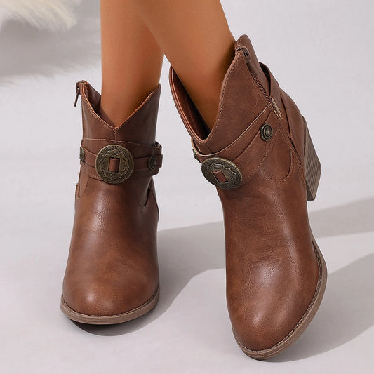 Women’s Round Toe Buckle Strap Boots – Copper Side Zipper Comfortable Versatile Commuting Bare Boots
