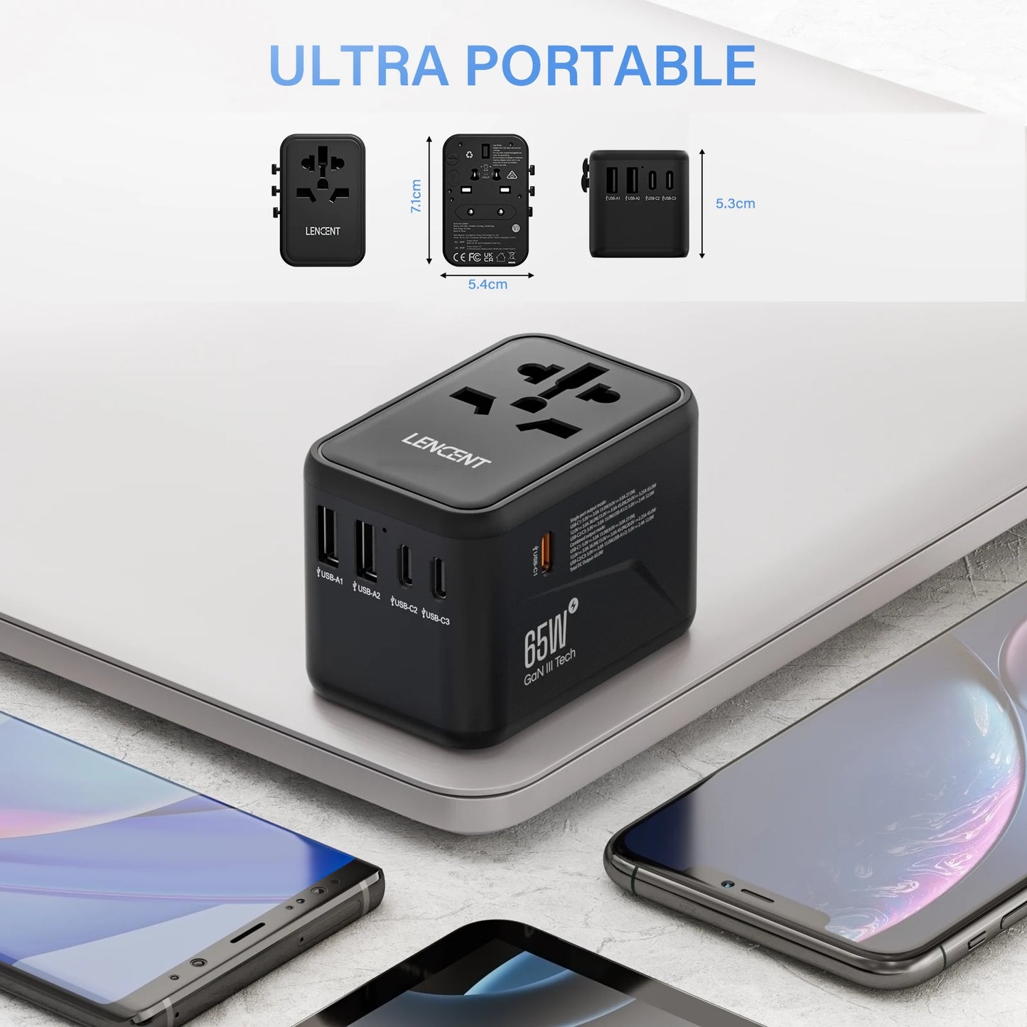 LENCENT 65W/100W GaN Fast Charging International Travel Adapter - 2 USB and 3 Type-C Ports, Includes EU, AU, US, UK Plugs